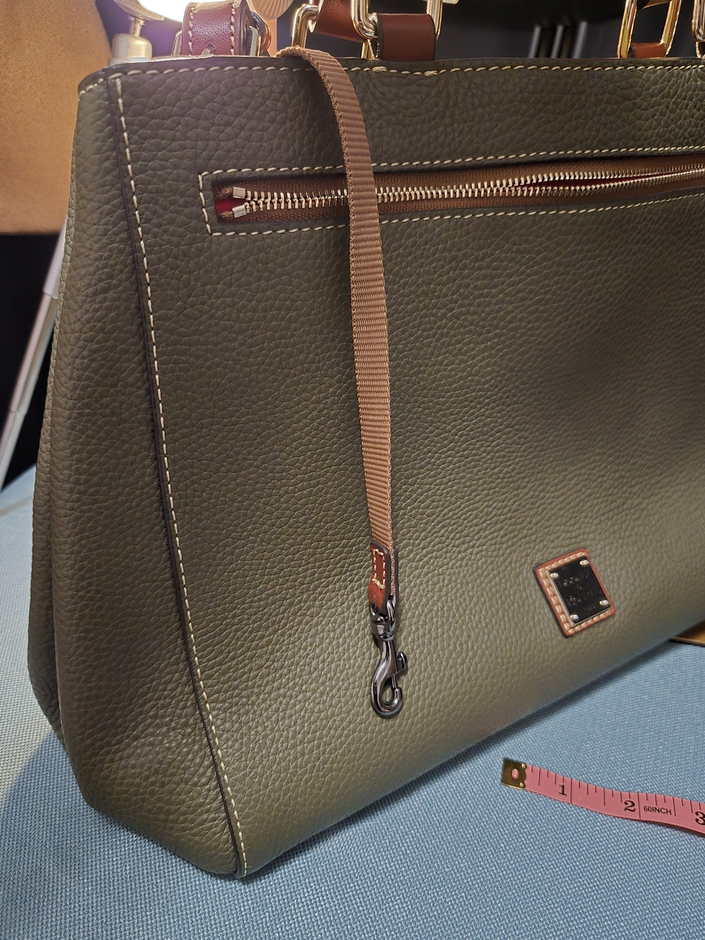Like New Dooney & Bourke Olive Green Pebbled Leather Satchel with Brown Handles - Picture 16 of 16